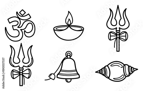 Hindu religious symbols set. Line art vector collection of Om, Trishul, Diya lamp, Conch and Bell icons.