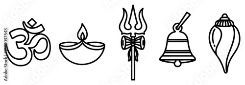 Hindu religious symbols icon set. Vector line art illustrations of Om, Diya lamp, Trishula, Bell and Conch shell.