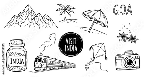 Set of hand drawn India travel and tourism icons Collection of doodle symbols representing Indian culture landmarks and vacation
