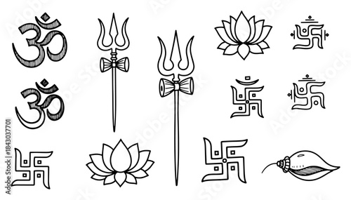 Set of Hindu religious symbols vector icon collection with Om Trishula Lotus and Swastika