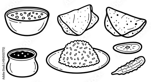 Set of hand drawn Indian food Traditional meal with dal rice and chapati Vector sketch illustration of Asian cuisine