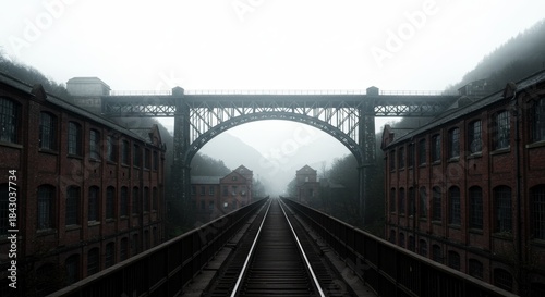 Railway tracks extend under bridge in misty valley