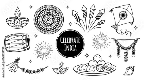 Celebrate India Doodle Icon Set Indian Festivals and Culture Elements Collection