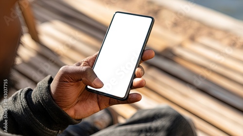 Man holds modern smartphone with blank screen for custom content