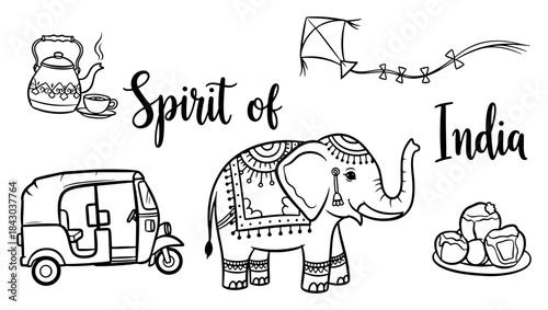 Spirit of India Doodle Illustration Set Indian Culture and Travel Symbols