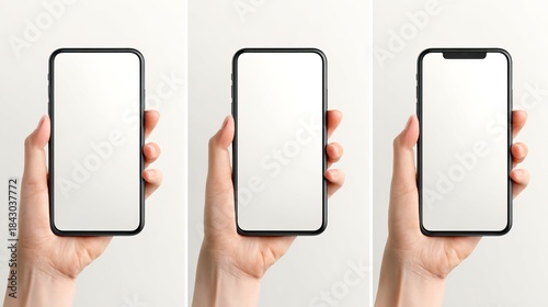 Female hand holding modern smartphone with blank white screen mockup