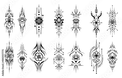Collection of ornamental lotus flower and geometric spiritual tattoo vector designs mystical symbols