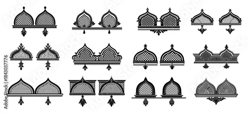 Set of ornamental Islamic architecture dome and window vector silhouettes traditional Arabic design elements
