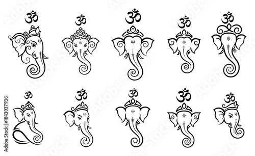 Set of Hindu God Ganesha head vector line art icons Lord Ganapati spiritual symbol collection