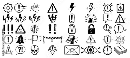 Warning and alert signs vector doodle icon set hand drawn attention and caution symbols collection