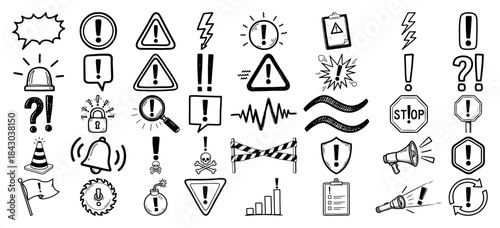 Big set of hand drawn warning and attention icons Doodle collection of alert danger and notification symbols Vector sketch illustration