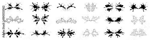 Collection of symmetrical ink splash and splatter dividers Set of abstract grunge decorative design elements