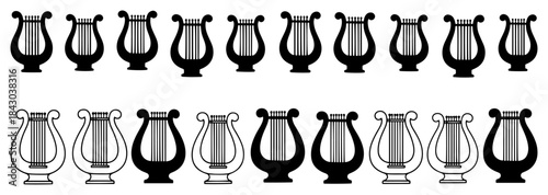 Set of Lyre harp icons Collection of ancient Greek and Roman musical instrument silhouettes