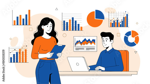Modern business teamwork concept with professionals analyzing data charts, graphs, and reports. Ideal for themes like analytics, collaboration, and office productivity.