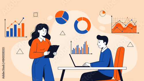 Modern business teamwork concept with professionals analyzing data charts, graphs, and reports. Ideal for themes like analytics, collaboration, and office productivity.