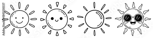 Set of cute cartoon sun characters Doodle collection of happy and kawaii suns with faces Vector summer illustration