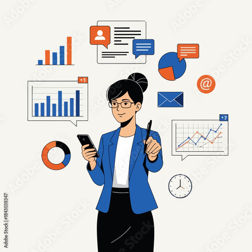 Modern vector illustration of a focused female business analyst presenting complex data charts, graphs, and reports. Perfect for finance, marketing, strategy, and time management concepts.