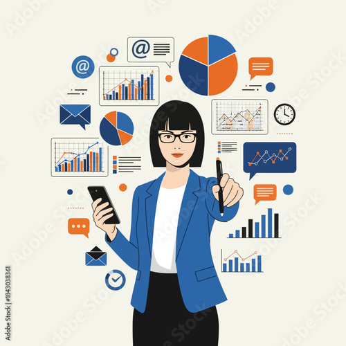Modern vector illustration of a focused female business analyst presenting complex data charts, graphs, and reports. Perfect for finance, marketing, strategy, and time management concepts.