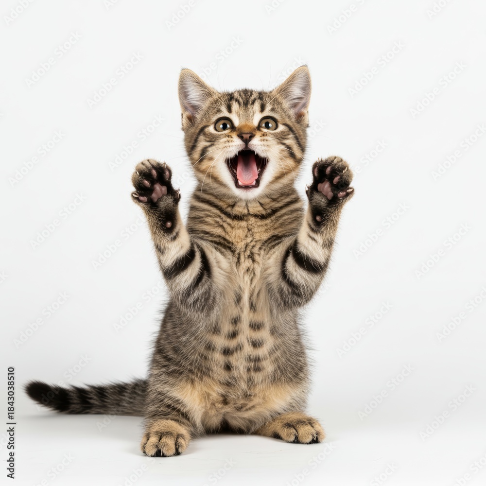 Obraz premium Tabby kitten celebrates playfully in studio