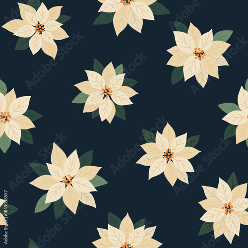 Białe poinsecje na granatowym tle – świąteczny bezszwowy wzór wektorowy.