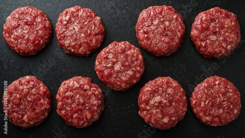 Raw ground beef patties arranged on a dark surface.