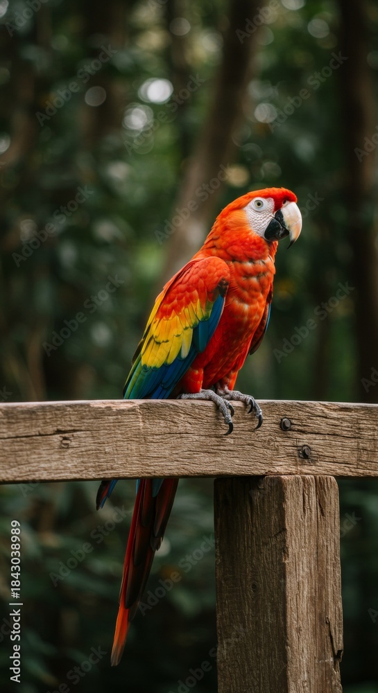 Obraz premium Macaw perches calmly on wooden fence in tropical environment