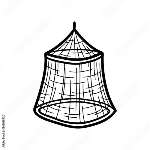Black and white illustration of a birdcage with a pointed top and wire mesh design.