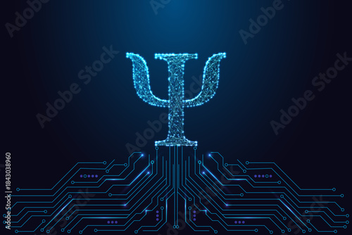 Digital Psi Psychology Symbol on Circuit Board Low Poly Mental Health Tech Blue Vector Illustration