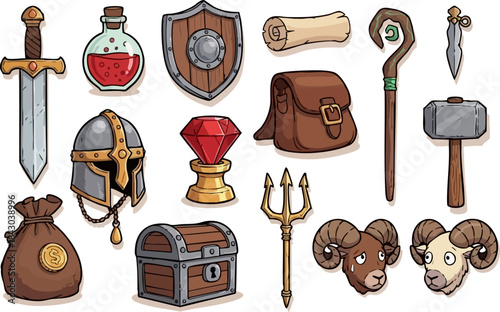 Collection of fantasy role playing game rpg items including weapons armor potions and treasure icons