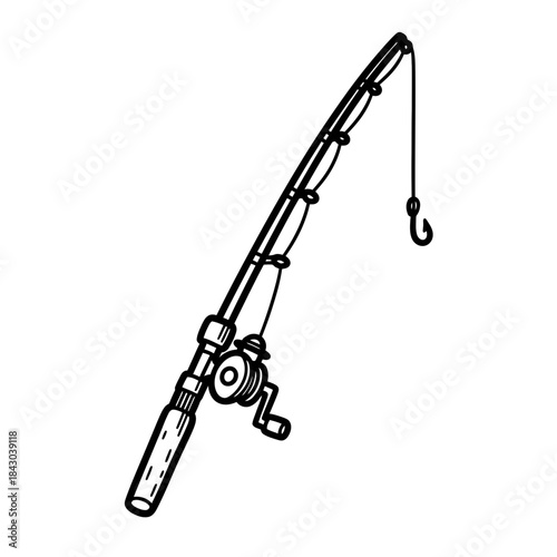 A crisp, hand-drawn illustration of a fishing rod, complete with a reel and hook, representing the peaceful pursuit of angling and outdoor leisure.