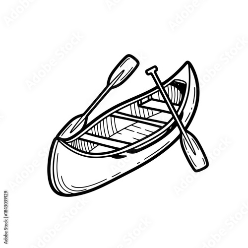 A charming hand-drawn sketch illustrates a classic wooden canoe complete with two paddles, perfect for conveying outdoor adventure and serene water activities.