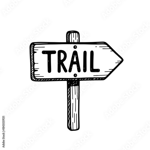 A charming hand-drawn illustration depicts a rustic wooden signpost pointing right, guiding viewers towards an adventurous trail.