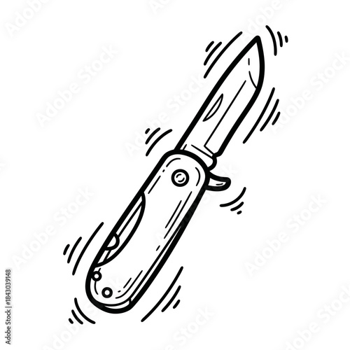 This detailed hand-drawn illustration features an open folding pocket knife, highlighting its sharp blade and robust design, ideal for various utility tasks.