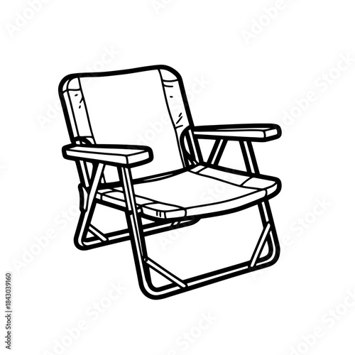 A simple black and white line art illustration of a portable folding chair, perfect for outdoor activities and relaxation, rendered in a clean, hand-drawn style.