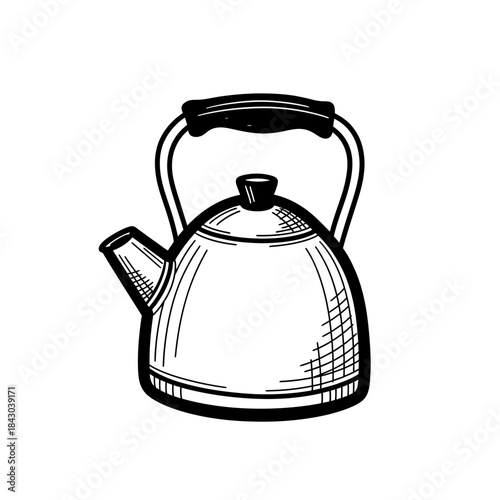 A charming, hand-drawn black and white illustration depicting a classic stovetop kettle, perfect for vintage kitchen designs and beverage concepts.