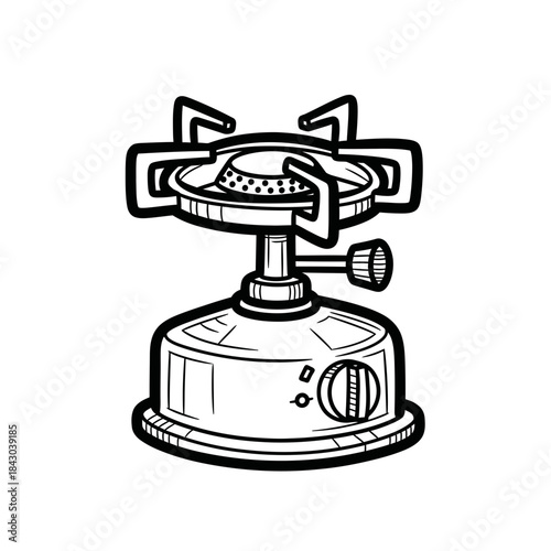 A detailed black and white line art illustration depicts a compact, portable camping stove, perfect for outdoor adventures and preparing meals in nature.
