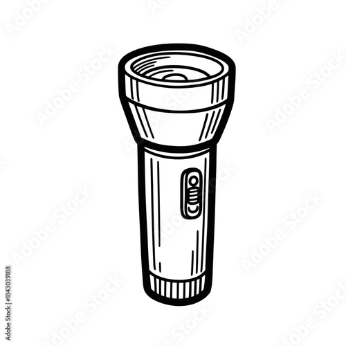 A classic handheld flashlight is rendered in a clean, detailed black and white line art illustration, perfect for symbolizing illumination and preparedness.