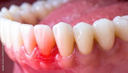 Detailed dental view shows the inflamed gum near the teeth, highlighting the concept of oral hygiene and related issues.