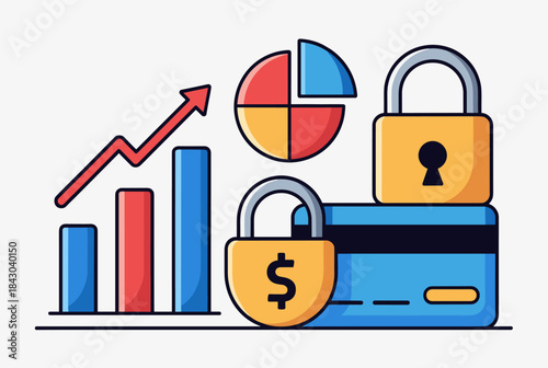 Illustration of financial data analysis, business growth, and secure transactions with charts, padlocks, and a credit card.
