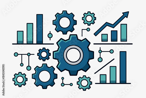 Illustration of business analytics, data processing, and technological growth with gears and various charts.