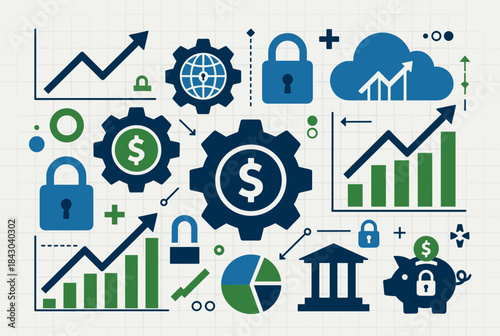 A vibrant illustration of business growth, financial security, and technological innovation with various icons.