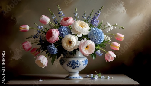 Illustration of beautiful bouquet of colorful flowers in a decorative vase on a table indoors