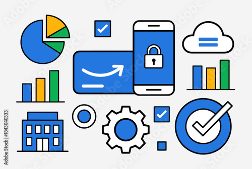 Collection of business, data analytics, and technology icons, including mobile security, cloud computing, and corporate management.