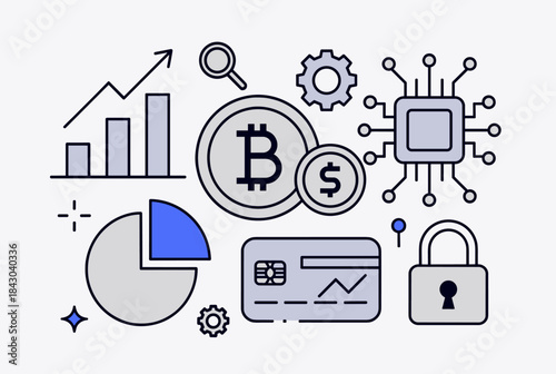 A collection of icons representing financial technology, data analysis, cryptocurrency, and digital security concepts.