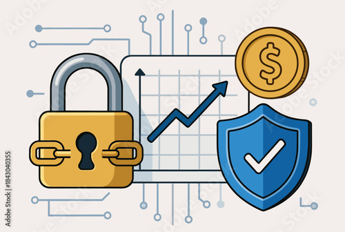 Secure financial growth and data protection concept with a padlock, shield, rising graph, and dollar coins on a tech background.