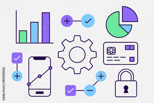 A collection of business and finance icons including charts, mobile analytics, credit card, security, and process flow symbols.