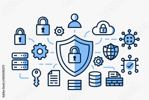 A comprehensive illustration of cybersecurity concepts, data protection, and network security with interconnected icons.