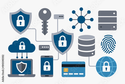 Comprehensive illustration of digital security concepts, data protection, and cybersecurity elements with various icons.