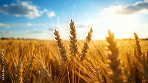 A cinematic close up of a golden wheat field with ripe ears of grain basking in the warm sunlight of a beautiful sunset.