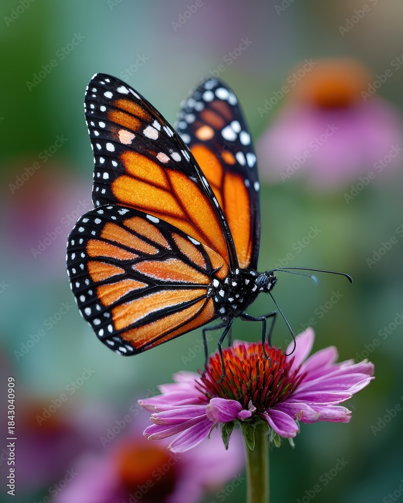Fototapeta premium Vibrant monarch butterfly macro shot on colorful background